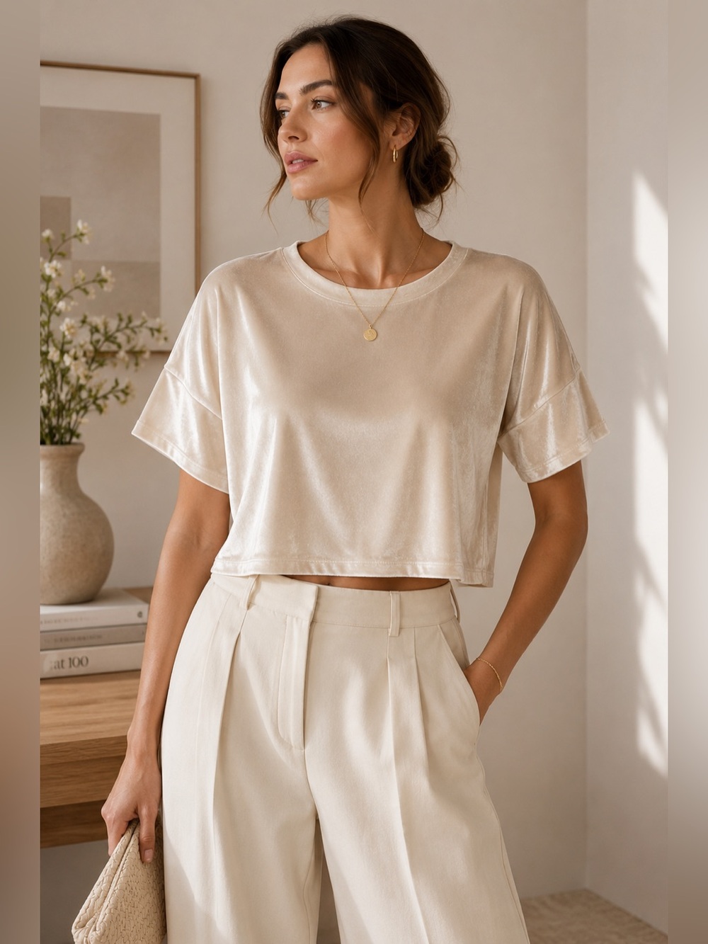 NWT Cupcakes & Cashmere Cream Velvet Top XS Boxy Cropped Sheen Holiday Luxe
